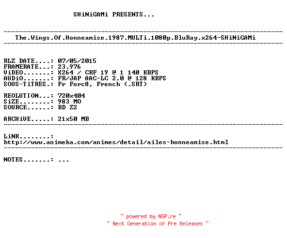 NFO for the release The.Wings.Of.Honneamise.1987.MULTi.BDRip.x264-SHiNiGAMi by SHiNiGAMi
