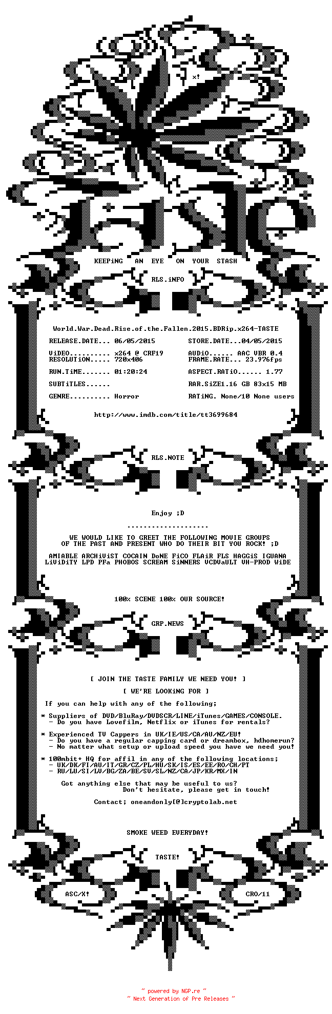 NFO for the release World.War.Dead.Rise.of.the.Fallen.2015.BDRip.x264-TASTE by TASTE
