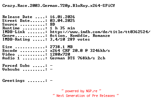 NFO for the release Crazy.Race.2003.German.720p.BluRay.x264-SPiCY by SPiCY