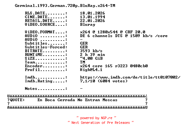 NFO for the release Germinal.1993.German.720p.BluRay.x264-TM by TM