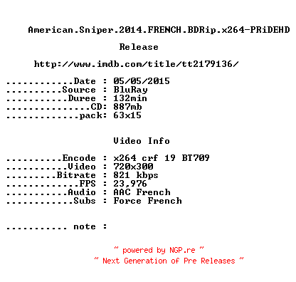 NFO for the release American.Sniper.2014.FRENCH.BDRip.x264-PRiDEHD by PRiDEHD