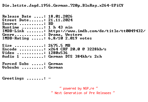 NFO for the release Die.letzte.Jagd.1956.German.720p.BluRay.x264-SPiCY by SPiCY