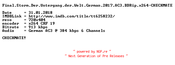 NFO for the release Final.Storm.Der.Untergang.der.Welt.German.2017.AC3.BDRip.x264-CHECKMATE by CHECKMATE