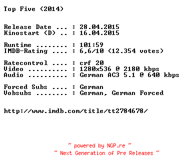 NFO for the release Top.Five.German.720p.BluRay.x264-EXQUiSiTE by EXQUiSiTE