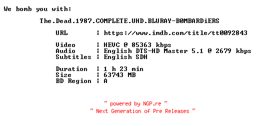 NFO for the release The.Dead.1987.COMPLETE.UHD.BLURAY-B0MBARDiERS by B0MBARDiERS