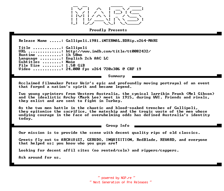 NFO for the release Gallipoli.1981.iNTERNAL.BDRip.x264-MARS by MARS