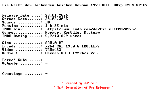 NFO for the release Die.Nacht.der.lachenden.Leichen.German.1973.AC3.BDRip.x264-SPiCY by SPiCY