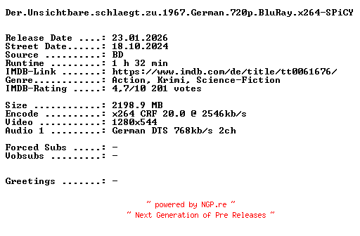 NFO for the release Flashman.Der.Unsichtbare.1967.German.720p.BluRay.x264-SPiCY by SPiCY
