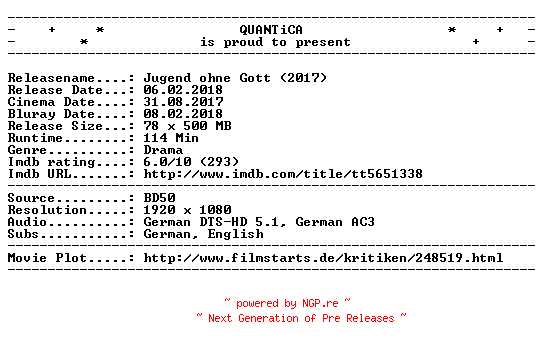 NFO for the release Jugend.ohne.Gott.2017.GERMAN.COMMPLETE.BLURAY-QUANTiCA by QUANTiCA