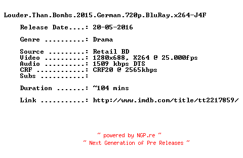 NFO for the release Louder.Than.Bombs.2015.German.720p.BluRay.x264-J4F by J4F