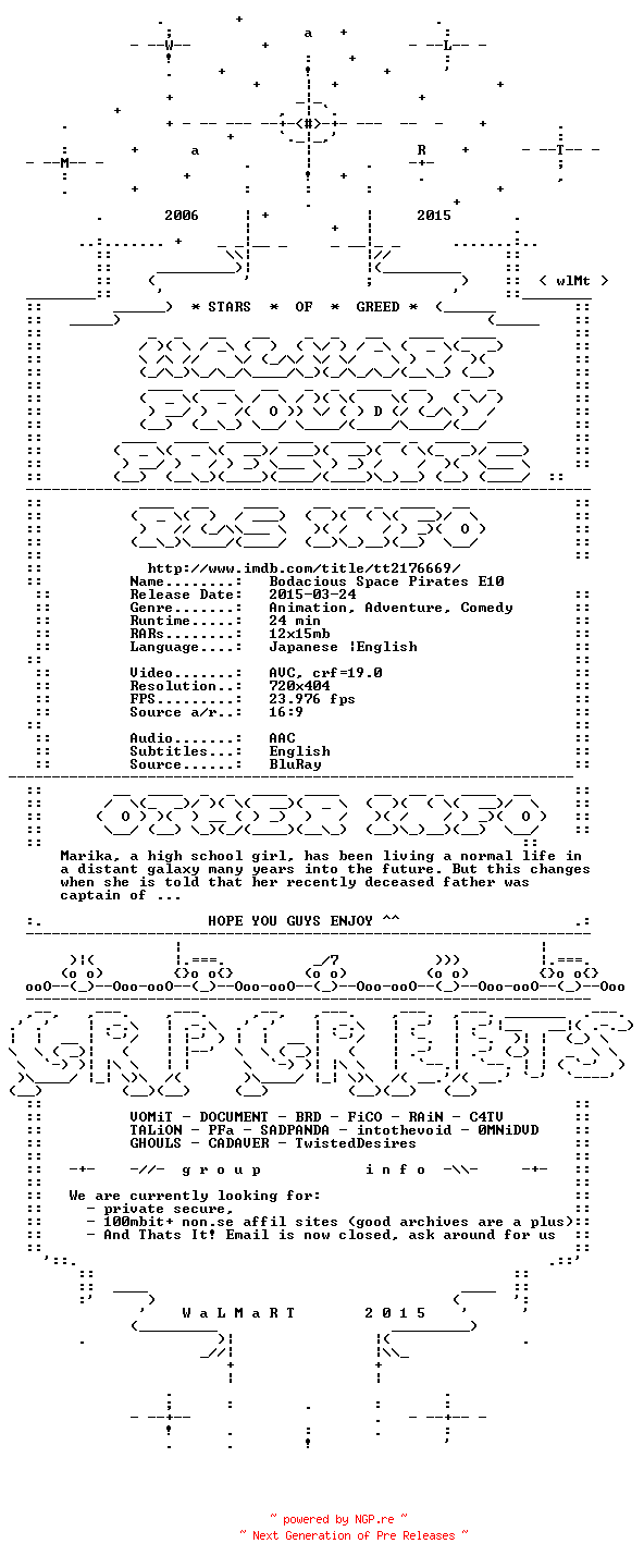 NFO for the release Bodacious.Space.Pirates.E10.iNTERNAL.BDRip.x264-WaLMaRT by WaLMaRT
