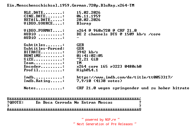 NFO for the release Ein.Menschenschicksal.1959.German.720p.BluRay.x264-TM by TM
