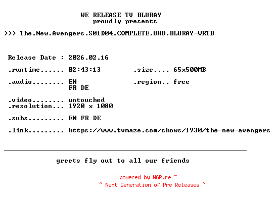 NFO for the release The.New.Avengers.S01D04.COMPLETE.UHD.BLURAY-WRTB by WRTB