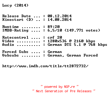 NFO for the release Lucy.German.720p.BluRay.x264-EXQUiSiTE by EXQUiSiTE