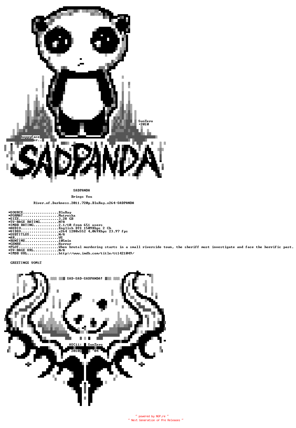 NFO for the release River.of.Darkness.2011.720p.BluRay.x264-SADPANDA by SADPANDA