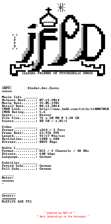 NFO for the release Kinder.des.Zorns.1984.German.720p.BluRay.x264-iFPD by iFPD