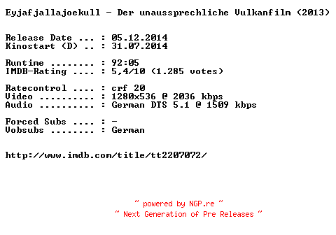 NFO for the release Eyjafjallajoekull.Der.unaussprechliche.Vulkanfilm.German.720p.BluRay.x264-EXQUiSiTE by EXQUiSiTE