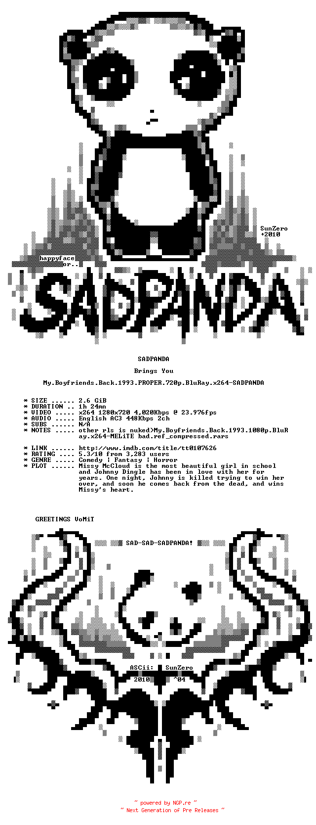 NFO for the release My.Boyfriends.Back.1993.PROPER.720p.BluRay.x264-SADPANDA by SADPANDA