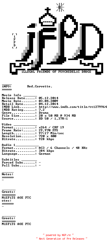 NFO for the release Red.Corvette.German.2009.AC3.BDRiP.x264-iFPD by iFPD
