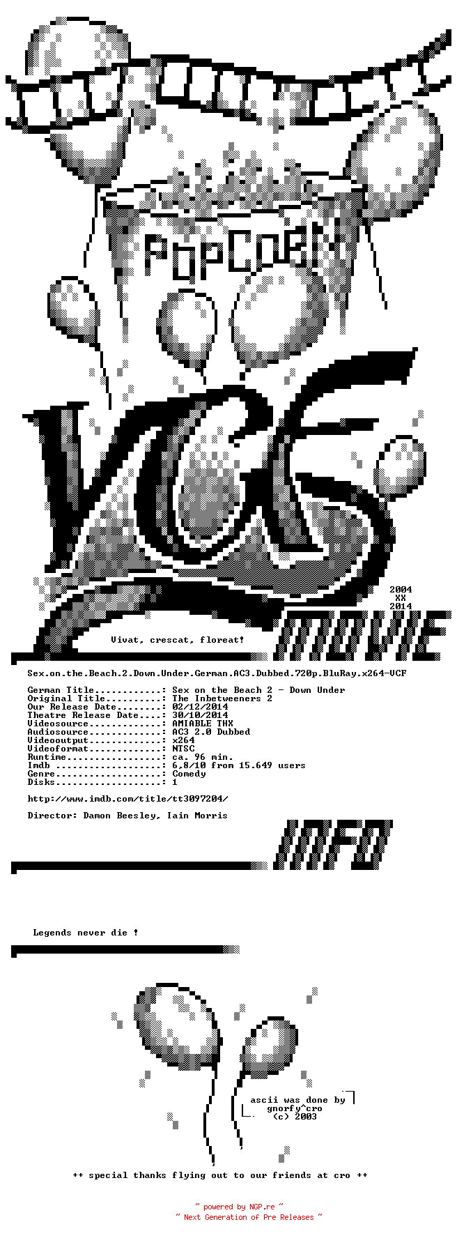 NFO for the release Sex.on.the.Beach.2.Down.Under.German.AC3.Dubbed.720p.BluRay.x264-VCF by VCF