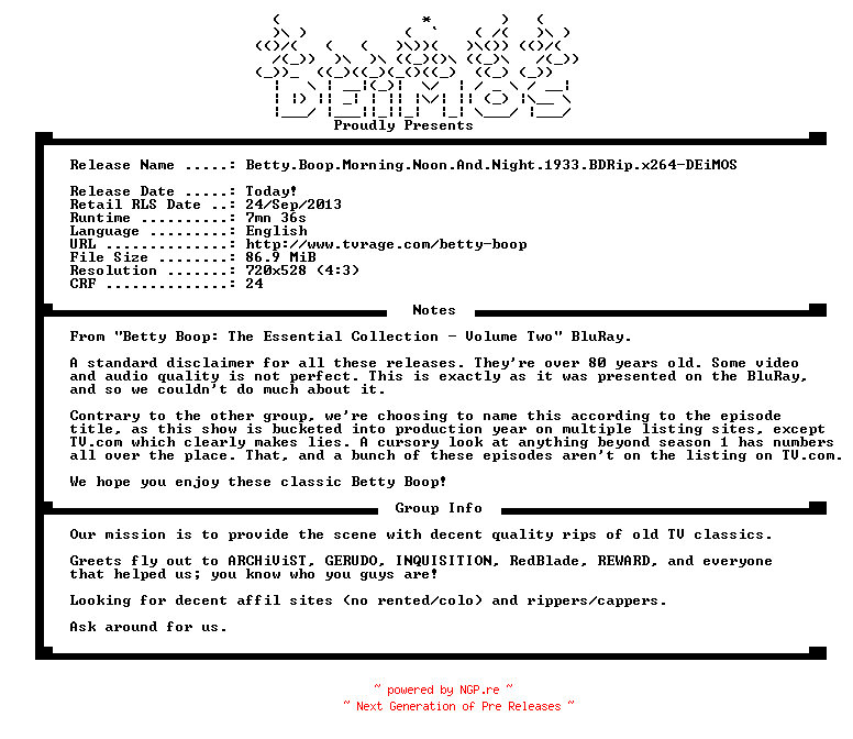 NFO for the release Betty.Boop.Morning.Noon.And.Night.1933.BDRip.x264-DEiMOS by DEiMOS