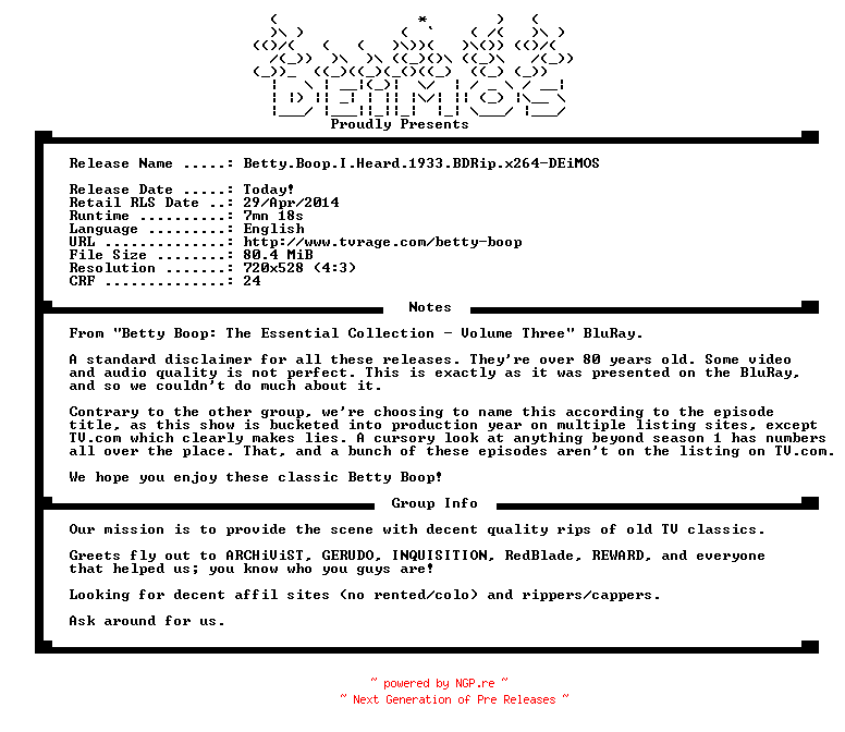 NFO for the release Betty.Boop.I.Heard.1933.BDRip.x264-DEiMOS by DEiMOS