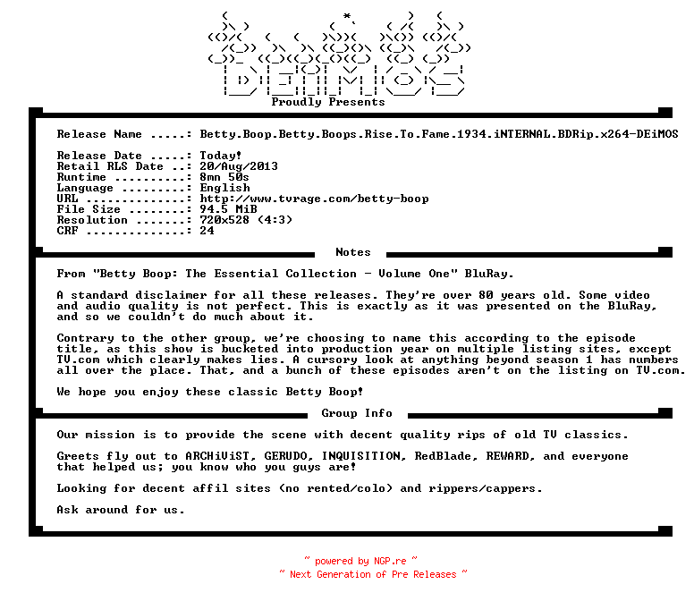 NFO for the release Betty.Boop.Betty.Boops.Rise.To.Fame.1934.iNTERNAL.BDRip.x264-DEiMOS by DEiMOS
