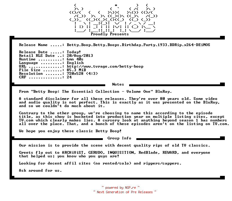 NFO for the release Betty.Boop.Betty.Boops.Birthday.Party.1933.BDRip.x264-DEiMOS by DEiMOS