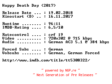 NFO for the release Happy.Death.Day.German.2017.AC3.BDRip.x264-COiNCiDENCE by COiNCiDENCE