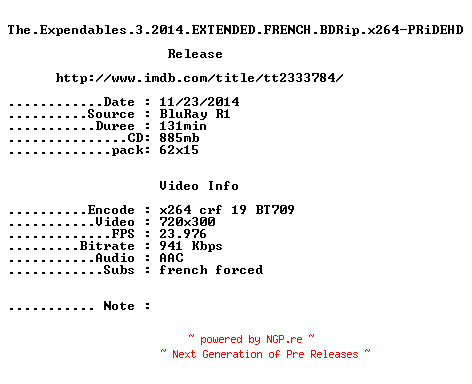 NFO for the release The.Expendables.3.2014.EXTENDED.FRENCH.BDRip.x264-PRiDEHD by PRiDEHD