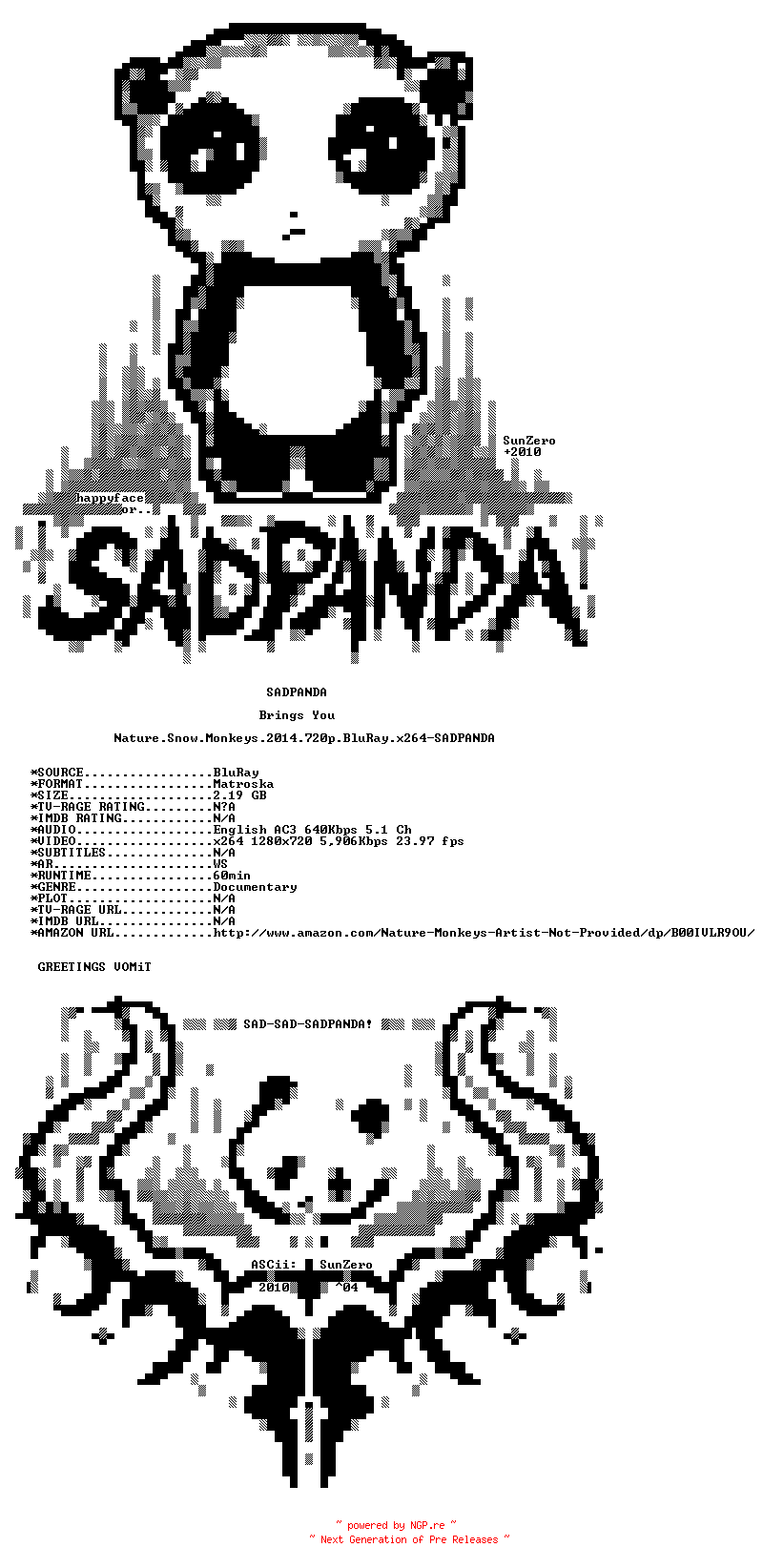 NFO for the release Nature.Snow.Monkeys.2014.720p.BluRay.x264-SADPANDA by SADPANDA