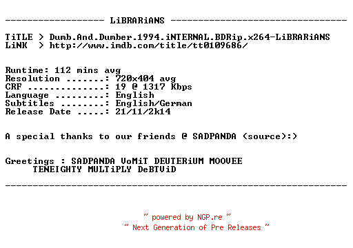 NFO for the release Dumb.And.Dumber.1994.RERiP.iNTERNAL.BDRip.x264-LiBRARiANS by LiBRARiANS