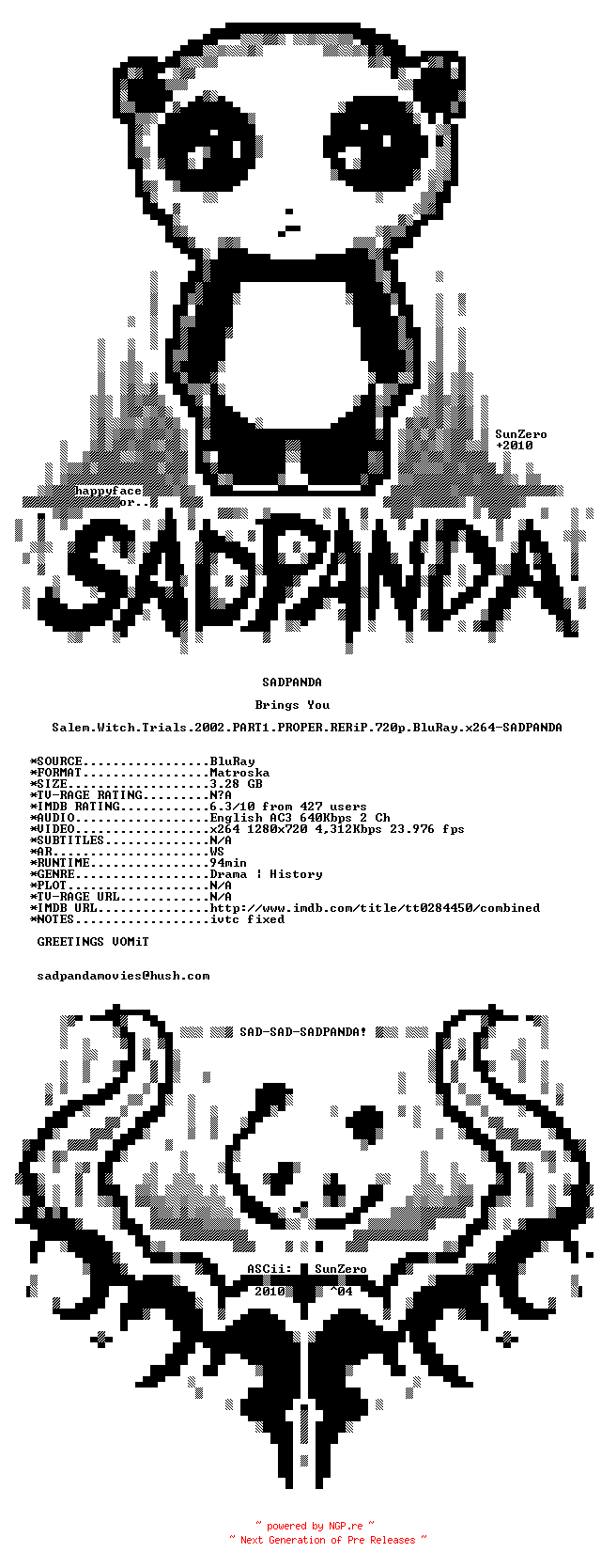 NFO for the release Salem.Witch.Trials.2002.PART1.PROPER.RERiP.720p.BluRay.x264-SADPANDA by SADPANDA