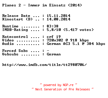 NFO for the release Planes.2.Immer.im.Einsatz.German.BDRiP.x264-EXQUiSiTE by EXQUiSiTE