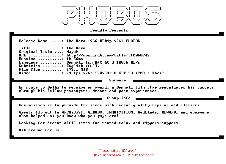 NFO for the release The.Hero.1966.BDRip.x264-PHOBOS by PHOBOS