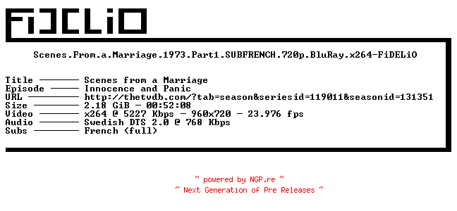 NFO for the release Scenes.From.a.Marriage.1973.Part1.SUBFRENCH.720p.BluRay.x264-FiDELiO by FiDELiO