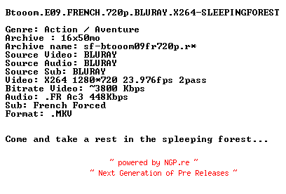 NFO for the release Btooom.E09.FRENCH.720p.BLURAY.X264-SLEEPINGFOREST by SLEEPINGFOREST