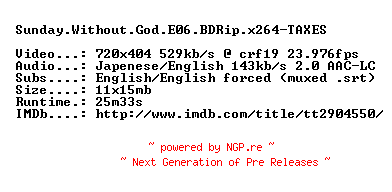 NFO for the release Sunday.Without.God.E06.BDRip.x264-TAXES by TAXES