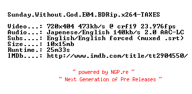 NFO for the release Sunday.Without.God.E04.BDRip.x264-TAXES by TAXES