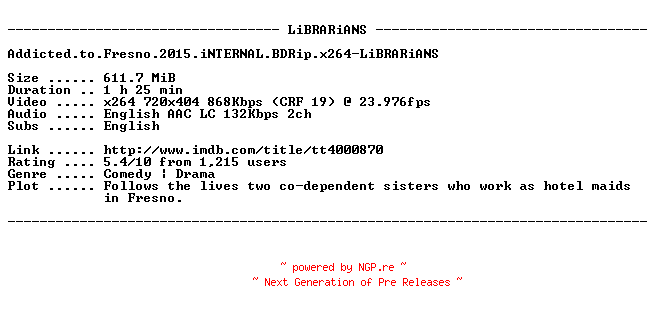 NFO for the release Addicted.to.Fresno.2015.iNTERNAL.BDRip.x264-LiBRARiANS by LiBRARiANS
