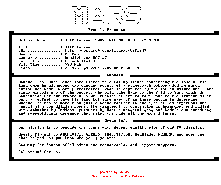 NFO for the release 3.10.to.Yuma.2007.iNTERNAL.BDRip.x264-MARS by MARS