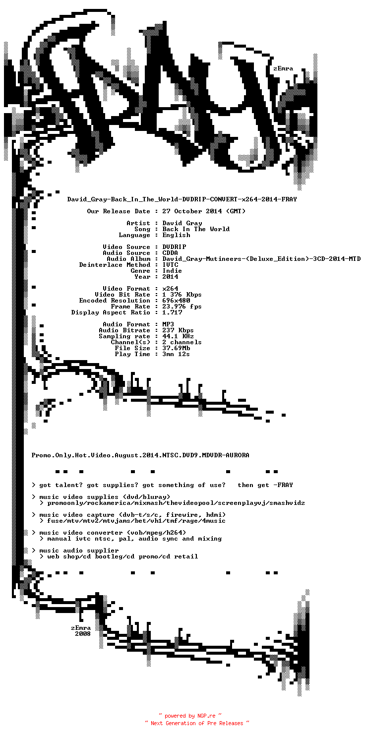 NFO for the release David_Gray-Back_In_The_World-DVDRIP-CONVERT-x264-2014-FRAY by FRAY