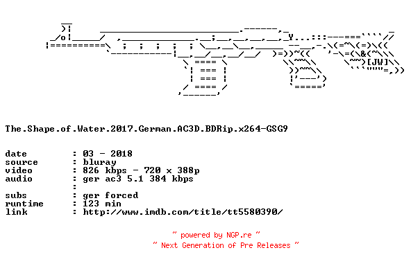 NFO for the release The.Shape.of.Water.2017.German.AC3D.BDRip.x264-GSG9 by GSG9