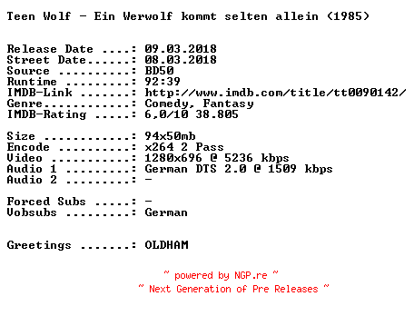 NFO for the release Teen.Wolf.Ein.Werwolf.kommt.selten.allein.1985.German.720p.BluRay.x264-SPiCY by SPiCY