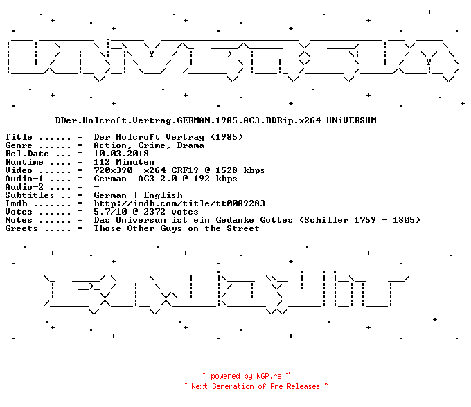 NFO for the release Der.Holcroft.Vertrag.GERMAN.1985.AC3.BDRip.x264-UNiVERSUM by UNiVERSUM