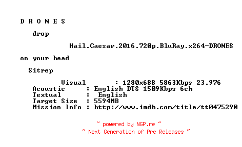 NFO for the release Hail.Caesar.2016.720p.BluRay.x264-DRONES by DRONES