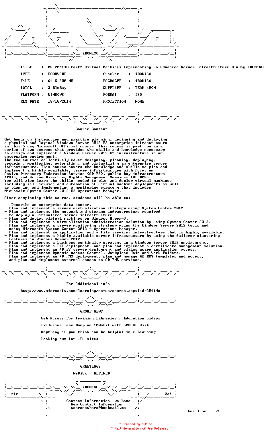 NFO for the release MS.20414C.Part2.Virtual.Machines.Implementing.An.Advanced.Server.Infrastructure.BluRay-iRONiSO by iRONiSO