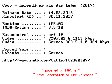 NFO for the release Coco.Lebendiger.als.das.Leben.German.2017.AC3.BDRip.x264-COiNCiDENCE by COiNCiDENCE