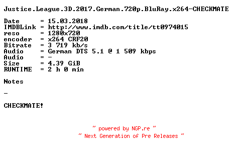 NFO for the release Justice.League.3D.2017.German.720p.BluRay.x264-CHECKMATE by CHECKMATE