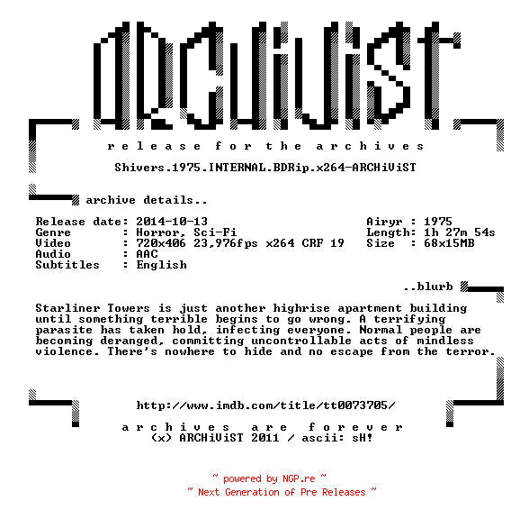 NFO for the release Shivers.1975.INTERNAL.BDRip.x264-ARCHiViST by ARCHiViST